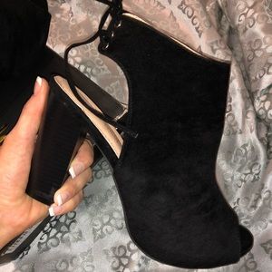 Peep toe open back chunk heels